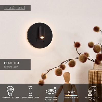 Lucide BENTJER - Bedside lamp / Wall light - Ø 14 cm - LED - 3000K - Black